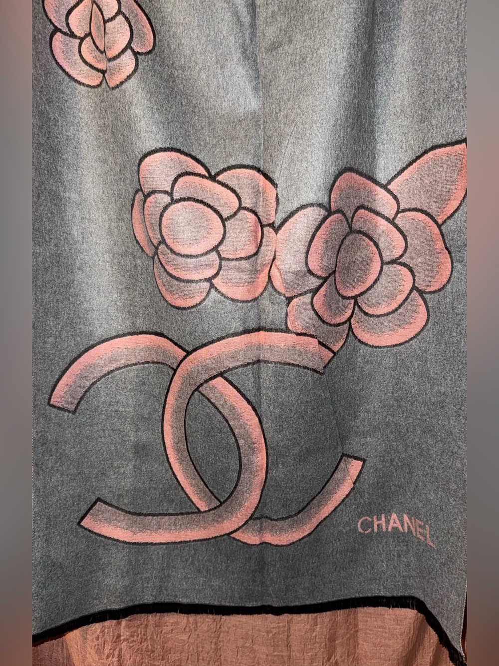 Vintage Chanel Cashmere/Silk Blend CC Logo Camellia Wrap in Grey/Pink 72”x26” - Picture 7 of 15
